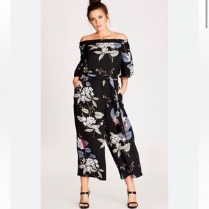 City Chic Blossom Off Shoulder Floral Wide Leg Belted Jumpsuit Oriental Print